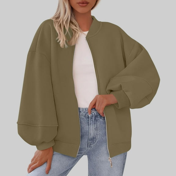 Light Jackets for Women Casual New Womens Fall Fashion Sweatshirt Oversized Zip up Jackets Casual Long Sleeve Outerwear Winter Outfits Khaki M