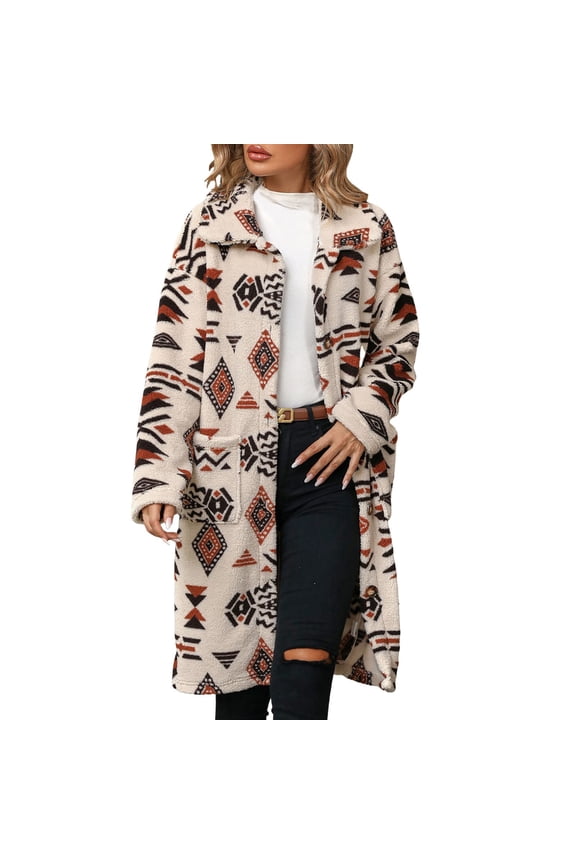 Light Jackets for Women Ethnic Aztec Print Wool Trench Coat Single Breasted Overcoat With Pocket Outwear Jacket