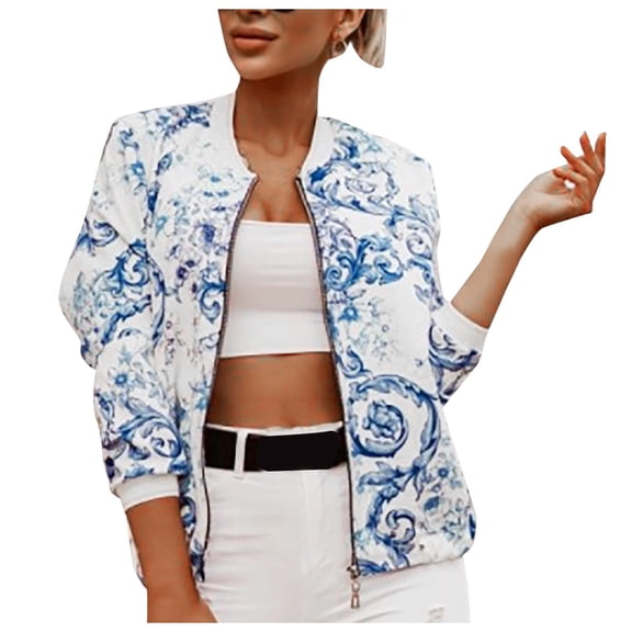 Light Jackets for Women Floral Print Zip Up Cropped Bomber Long Sleeve Slim Baseball Casual Lightweight Cothes