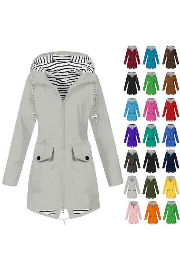 Light Jackets for Women Ndbuld Women Solid Rain Outdoor Plus Size Hooded Windproof Loose Coat Gray XXXXL