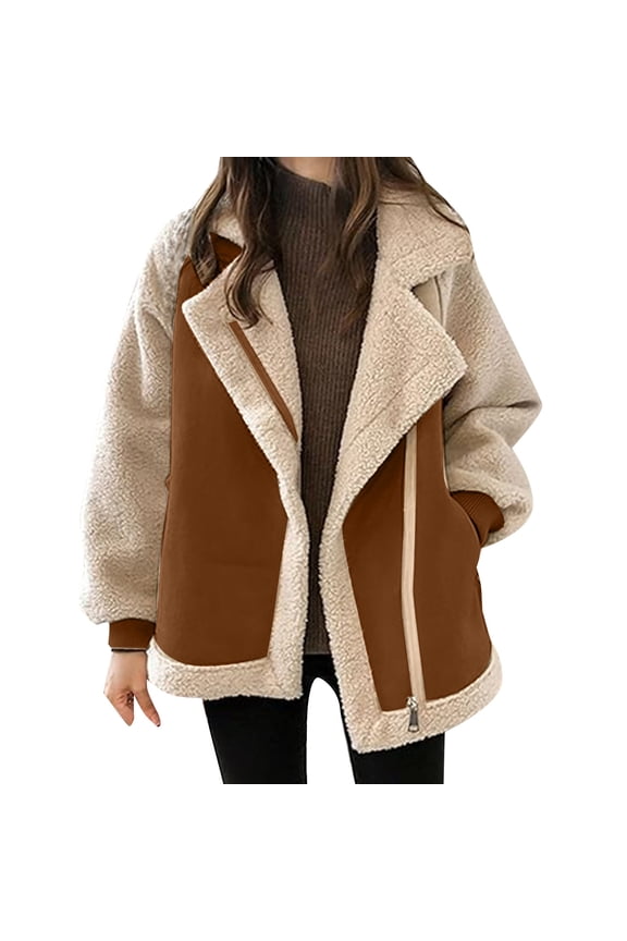 Light Jackets for Women Patchwork Lapel Lamb Wool Zipper Color Block Oversize Warm Lined Outwears Coat