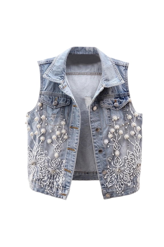 Light Jackets for Women Pearls Ripped Denim Cropped Vest Sleeveless Button Down Jeans Short Waistcoats Lightweight Outwears