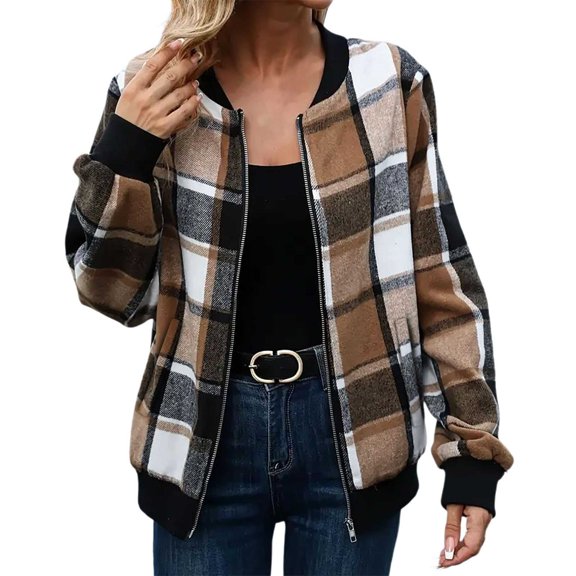 Light Jackets for Women Plaid Print Zip Up Shackets Stand Collar Long Sleeve Commute Cropped Shirt Bomber With Pocket Lightweight Cothes