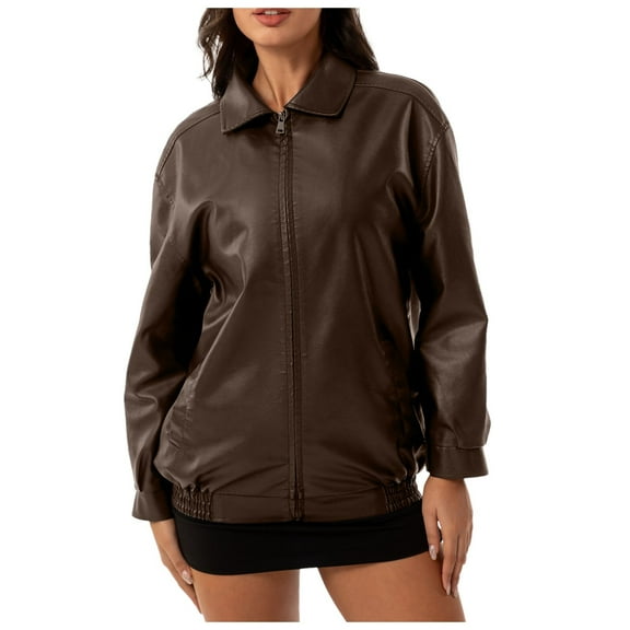 Light Jackets for Women Solid Leather Bomber Fashion Casual Faux PU Motorcycle With Pocket Coats