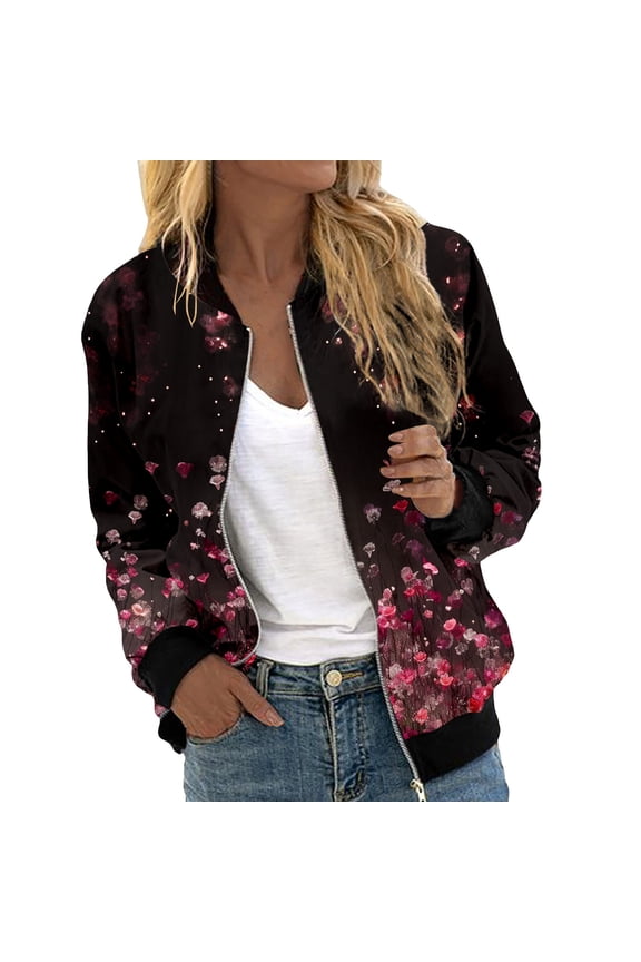 Light Jackets for Women Trendy Casual Zip Up Floral Print Short Sports Bomber Fall Winter Women'S Coats,Black,XL