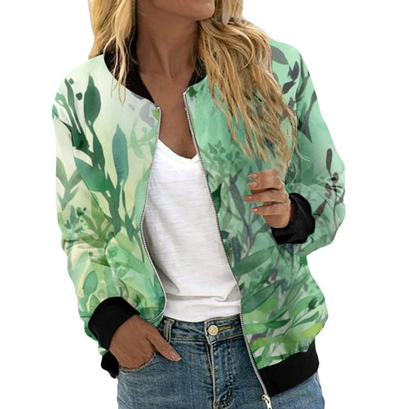 Light Jackets for Women Trendy Casual Zip Up Floral Print Short Sports Bomber Fall Winter Women'S Coats,Green,S