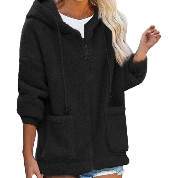 Light Jackets for Women Trendy Fleece Solid Color Open Front Hooded Top With Pockets Loose Fit Fall Coats for Women,Black,L