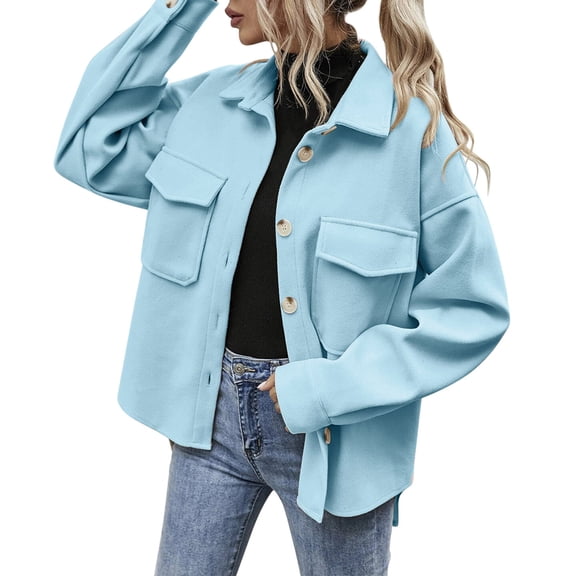 Light Jackets for Women Trendy Solid Color Woolen Lapel Loose Lightweight Fall Winter Womens Coats,Blue,XL