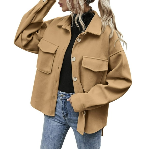 Light Jackets for Women Trendy Solid Color Breasted Woolen Lapel Loose Lightweight Fall Winter Womens Coats,Khaki,S