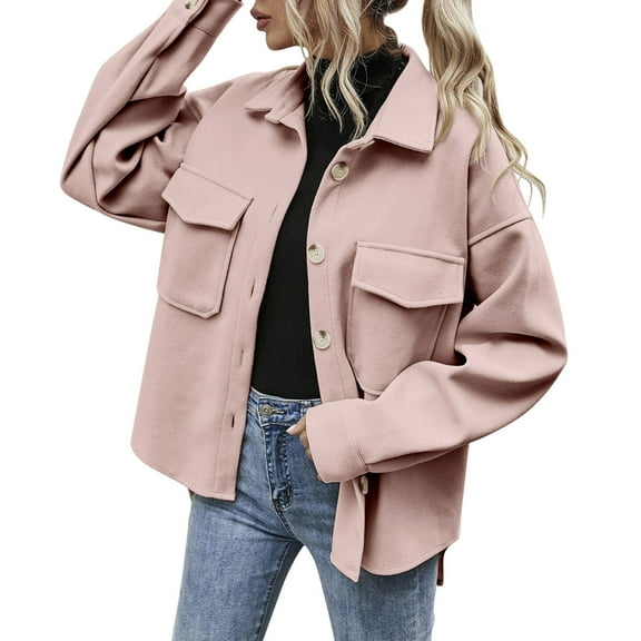 Light Jackets for Women Trendy Solid Color Breasted Woolen Lapel Loose Lightweight Fall Winter Womens Coats,Pink,S