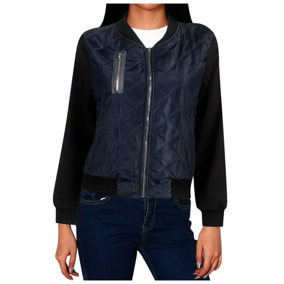 Light Jackets for Women Trendy Solid Color Zipper Quilted Lightweight Bomber Fall Winter Womens Coat,Dark Blue,2XL