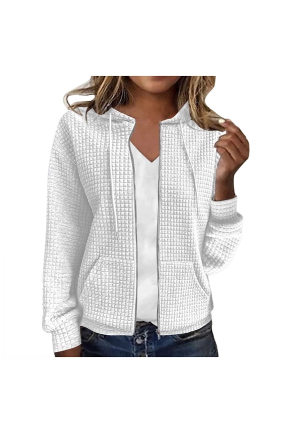 Light Jackets for Women Waffle Zipper Hoodie Sweatshirt Solid Long Sleeve Drawstring With Pocket Clothing