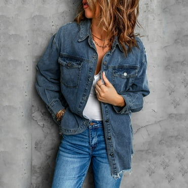Light Jean Jacket For Women Clearance Loose Lapel Stylish Casual Denim Jacket Oversized Basic Jean Jacket Classic Stretch Elegant Jean Jacket Blue Xl