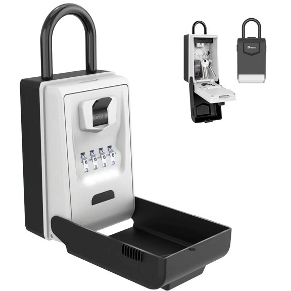 Light Up Key Lock Box, Portable LED Waterproof Metal 4 Digits Combination Lockbox, Outside Resettable Key Hider, Upgraded Large Security Password Boxes for Car House Office Apartment Keys