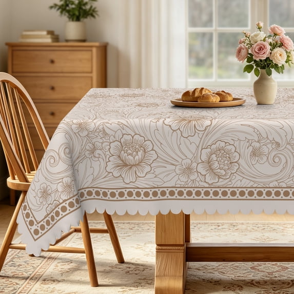 Light Khaki Damask Floral Tablecloth,60x120 Inch,Waterproof Stain Resistant Table Cover for Kitchen Dining Indoor Outdoor Party Decor