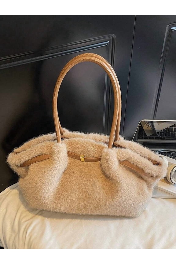 Light Khaki Faux Fur Tote Handbag With Top Handle And Gold-Tone Clasp