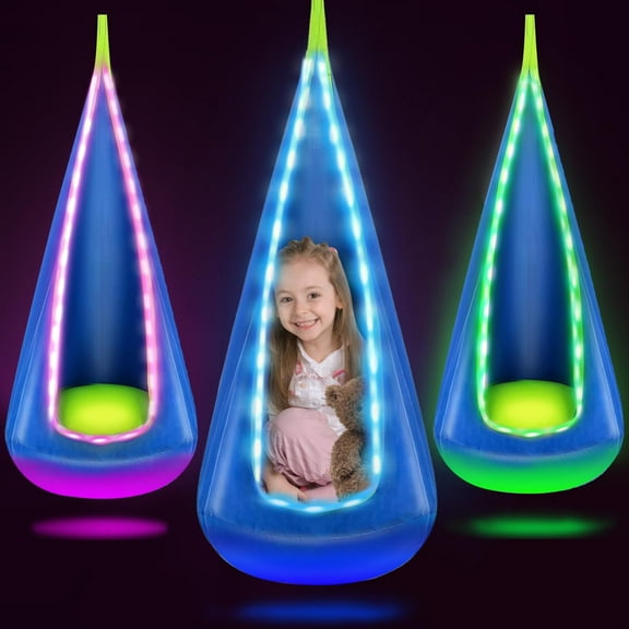 Light Up Kids Pod Swing Seat, Hanging Hammock Chair with LED Lights, Upgraded Cotton Child Sensory Swing Seat, Sensory Swing for Autistic Kids Indoor & Outdoor Play (Blue)