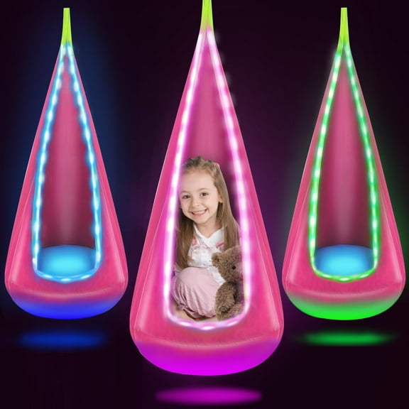 Light Up Kids Pod Swing Seat, Hanging Hammock Chair with LED Lights, Upgraded Cotton Child Sensory Swing Seat, Sensory Swing for Autistic Kids Indoor & Outdoor Play (Pink)