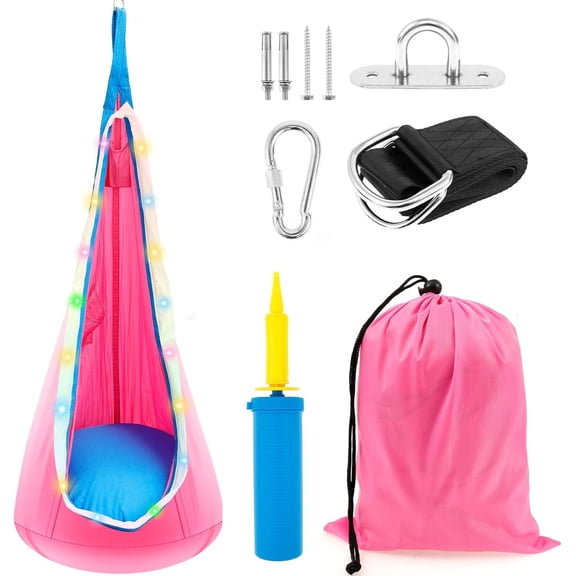 Light Up Kids Pod Swing Seat, Kids Hammock Swing with LED Light, LED Pod Swing Chair with Inflatable Pillow, Star-Studded Hanging Hammock Chair for Kids Indoor Outdoor