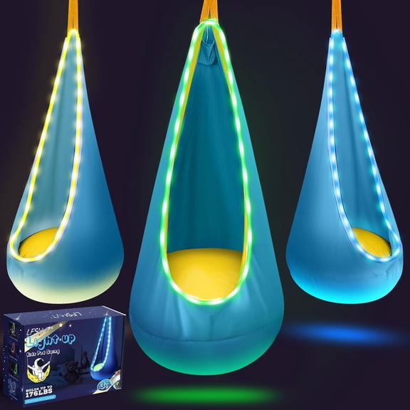 Light Up Kids Pod Swing Seat, Upgraded Kids Hanging Hammock Swing with LED Lights, Cotton Sensory Pod Swing Chair with Inflatable Pillow, Pod Swing for Kids Indoor & Outdoor (1 PCS) (Blue)