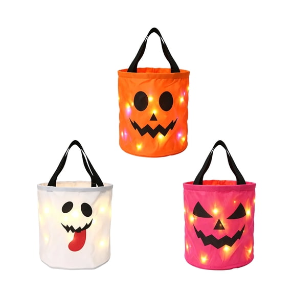 Light LED Up Halloween Trick or Treat Bucket Pumpkin Candy Large Bags, LED Light Halloween Candy Bags, Light Up Candy Bags Reusable Goody Bucket for Halloween Supplies Favors 3PC L