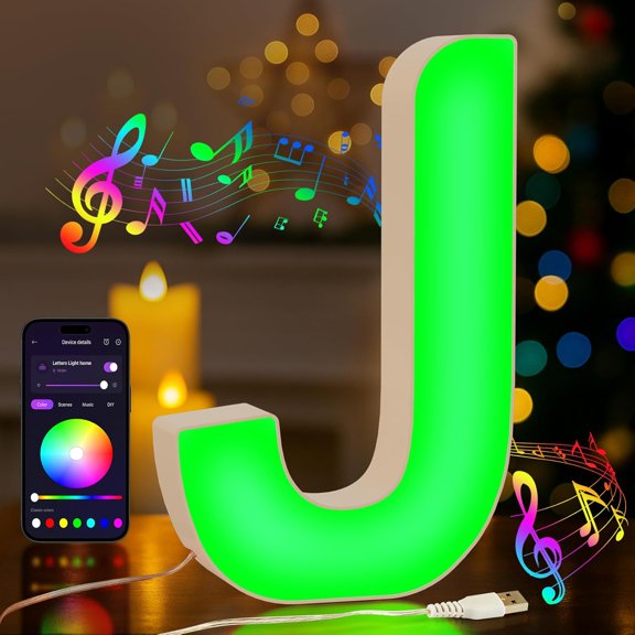 Light Up LED Letter Lights USB Powered Color Changing Alphabet Sign, APP Controlled Night Light for Bedroom, Party, Birthday, Christmas & Valentine Decorations, J