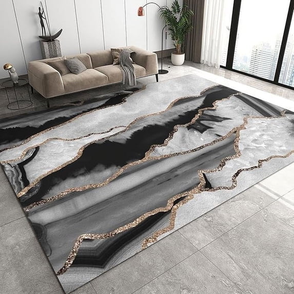 Light Luxury Abstract Black And White Marble Texture Area Rug, Modern Gilt Geometric Stripe Art Living Room Rug, For Room Sofa Living Room Mat Bedroom Home Decor Floor Mats 3 x 5ft