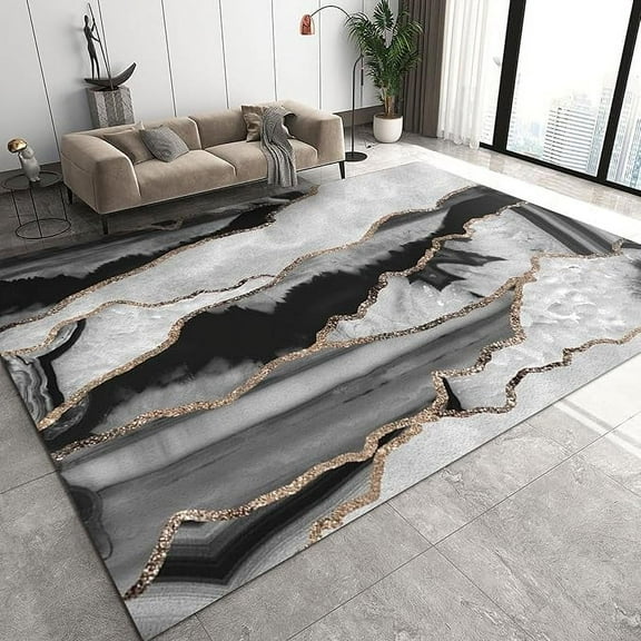 Light Luxury Abstract Black And White Marble Texture Area Rug, Modern Gilt Geometric Stripe Art Living Room Rug, For Room Sofa Living Room Mat Bedroom Home Decor Floor Mats 4 x 5ft