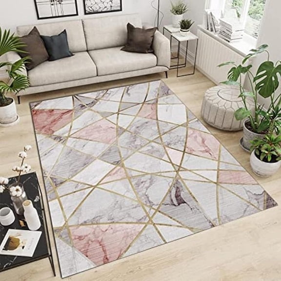 Light Luxury Abstract Geometry Area Rugs For Living Room, Advanced Pink Gold Marble Pattern Rug, Non-Slip Soft Durable Washable Foldable Large Carpet For Kids Dorm Sofa Pet Patio 2x3ft