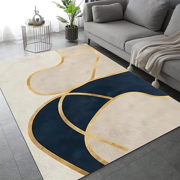 Light Luxury Advanced Geometric Area Rug, Navy Blue Cream Gold Lines Indoor Non Slip Print Rugs, Machine Washable Durable Carpet For Living Room Bedroom Dining Room Office 4x5ft