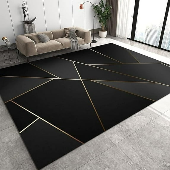 Light Luxury Black Geometric Abstract Golden Lines Area Rug, Indoor Non-Slip Kids Rugs, Machine Washable Breathable Durable Carpet For Front Entrance Floor Decor 4x6ft