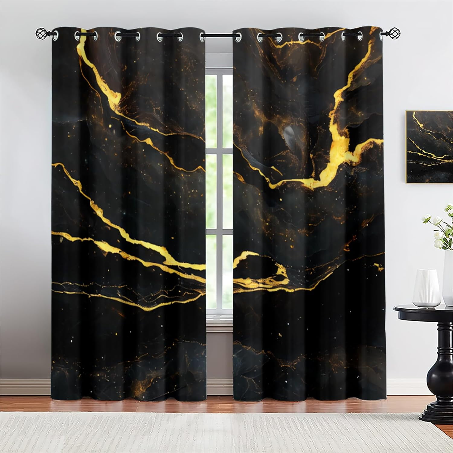 Light Luxury Black Gold Curtains,3D Printed Eyelet Drapes for Living