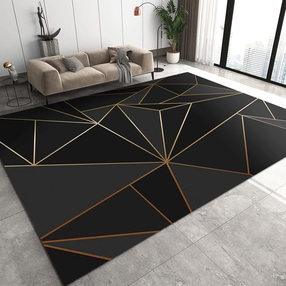 Light Luxury Black Gold Geometric Stripes Area Rug, Abstract Modern Irregular Pattern Art Indoor Decorative Rugs, Soft Machine Washable Carpet for Living Dining Dorm Room Decor-4x5ft