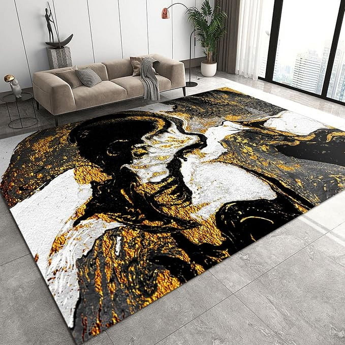 Light Luxury Black And White Marble Texture Area Rug, Modern Black Gold ...
