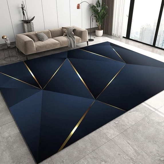Light Luxury Blue Area Rug, Golden Geometric Triangle Lines Non Slip Kids Rugs, Noise Reduction Machine Washable Carpet For Indoor Living Room Bedroom Office Decor Mat 2x3ft