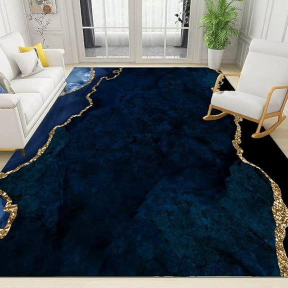 Light Luxury Dark Blue Marble Printed Area Rugs, Sapphire Blue Gradient Gold Lines Non Slip Carpet, Machine Washable Rug With Non-Slip Backing For Living Room Bedroom Kitchen 2 x 3ft