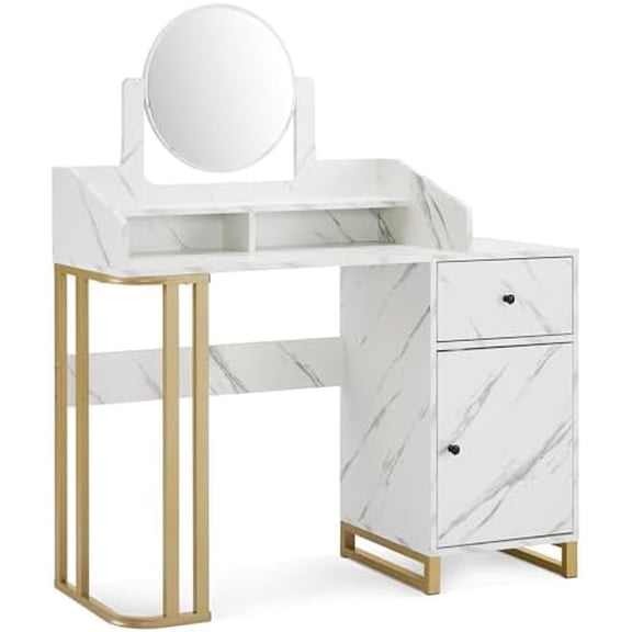 Light Luxury Dressing Table with Storage Cabinet, Modern Vanity Desk with Drawer, Home Makeup Station for Bedroom, Metal Dresser with Adjustable Mirror 3388 (White)$$Home Decor, Kitchen, & Other