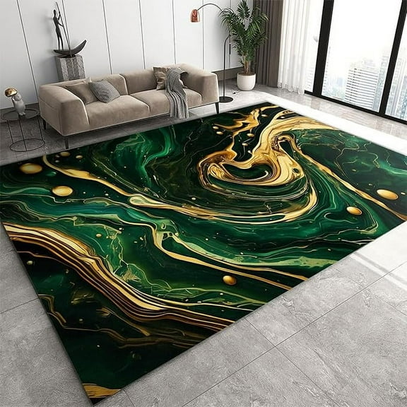 Light Luxury Emerald Green Area Rugs, Abstract Gold Fluid Art Indoor Non Slip Rugs, Carpet For Living Room Bedroom Dining Room Farmhouse 2 x 3ft