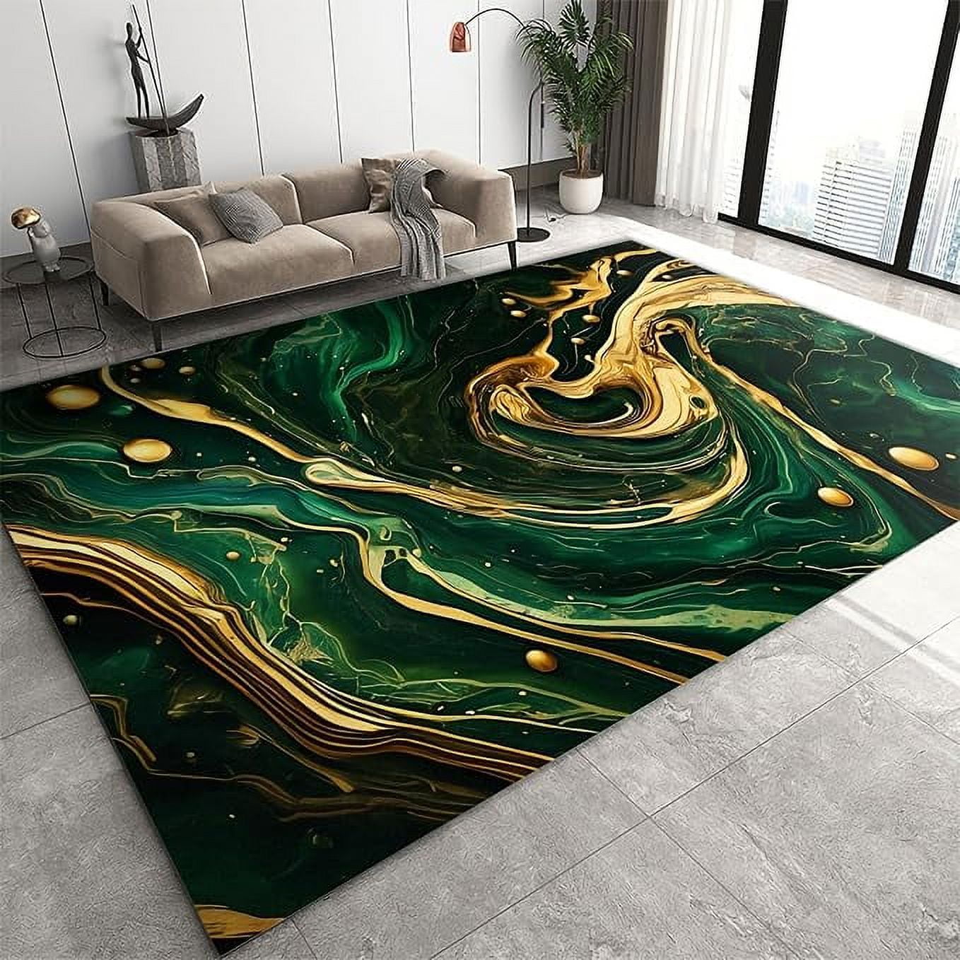 Light Luxury Emerald Green Area Rugs, Abstract Gold Fluid Art Indoor ...