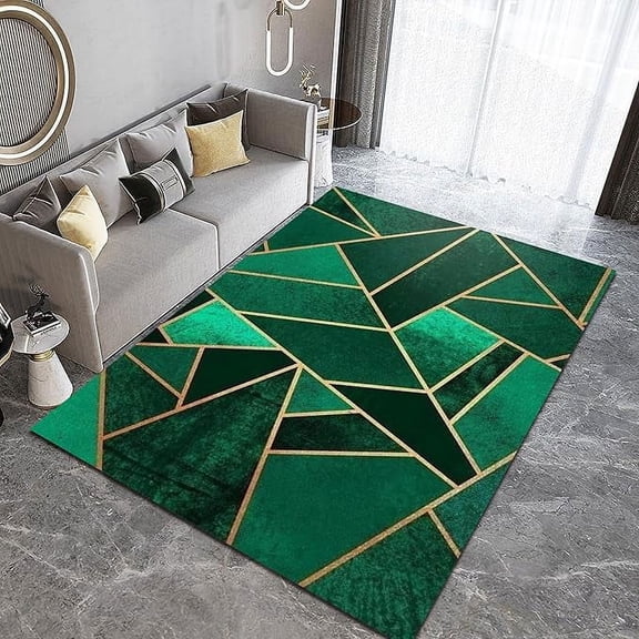 Light Luxury Emerald Green Area Rugs, Golden Line Geometric Print Soft Fluffy Bedroom Rug, Non-Slip Washable Living Room Rug For Bedroom Office Study Corridor Entrance 4 x 5ft