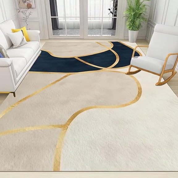 Light Luxury Geometry Area Rug, Navy Blue Cream Gold Lines Non Slip Print Rugs, Noise Reduction Machine Washable Carpet For Indoor Living Room Bedroom Office Decor Mat 2x3ft