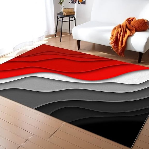 Light Luxury Geometry Art Area Rug, Modern Red Black Waves Non Slip Print Rugs, Stain Resistant Durable Carpet For Indoor Living Room Bedroom Office Decor Mat 5 x 8ft