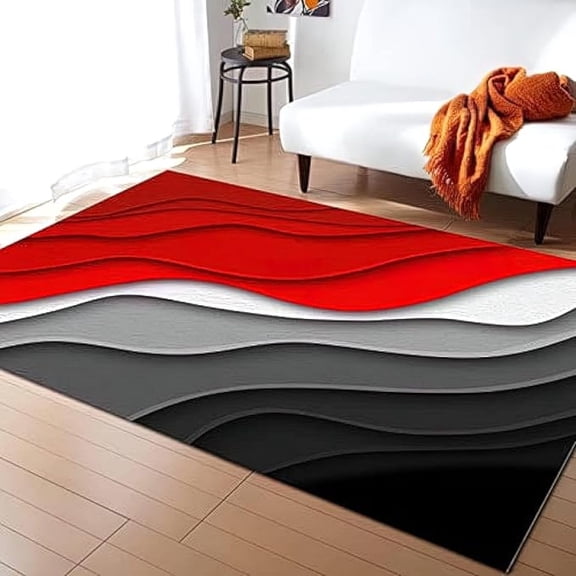Light Luxury Geometry Art Area Rug, Modern Red Black Waves Non Slip Print Rugs, Stain Resistant Durable Carpet For Indoor Living Room Bedroom Office Decor Mat 4x6ft