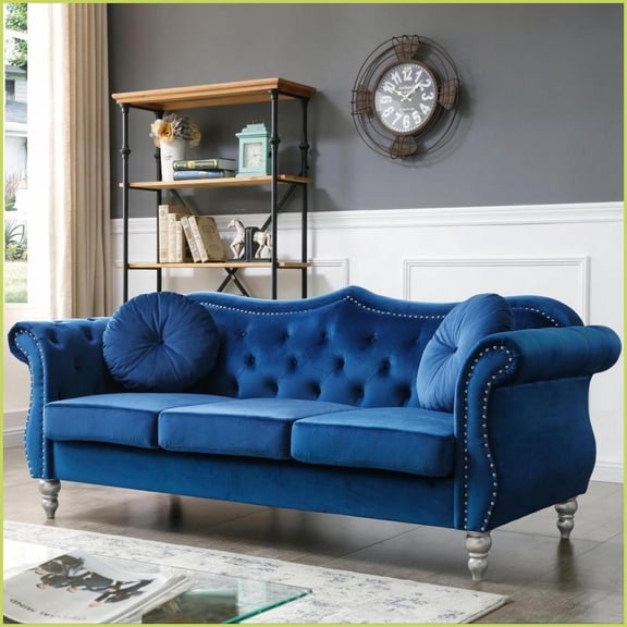 Light Luxury Glam Navy Blue Velvet Sofa | Tufted Back | Hardwood Frame for Living Room
