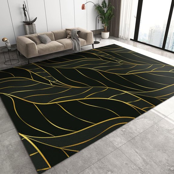 Light Luxury Gold Leaf Texture Area Rugs, Yellow Curved Line Indoor Rugs, Non-Slip Machine Washable Black Carpet For Girls Kids Boys Bedroom Living Room Family Study