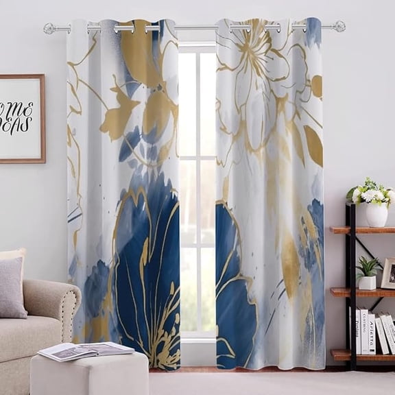 Light Luxury Gold Thread Floral Blackout Curtains, Blue and White Layered Background Darkening Window Curtain, Grommet Thermal Window Curtain for Living Room Bedroom Office 26"W x 45"L (Pack of 2)
