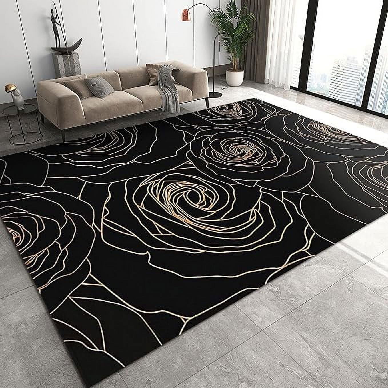 Light Luxury Gold Thread Rose Living Room Rug, Simple Romantic Floral ...