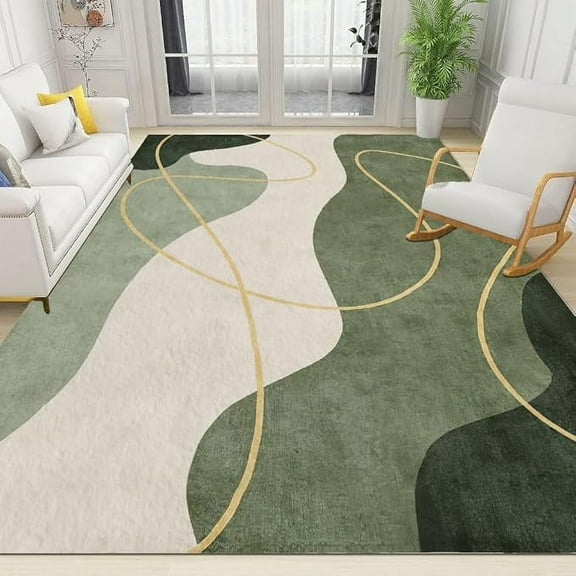 Light Luxury Gradient Green Area Rugs For Living Room, Yellow Lines Geometric Rugs For Bedroom, Soft And Machine Washable Area Rugs For Farmhouse Office Entry Bathroom Rug 4' x 5'