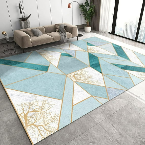 Light Luxury Green Geometric Marble Pattern Area Rugs, Modern Irregular Art Art Home Decor Carpet, with Anti-Slip Easy Clean Rug for Living Room Bedroom Kitchen Dining Room Home Office-5x8ft