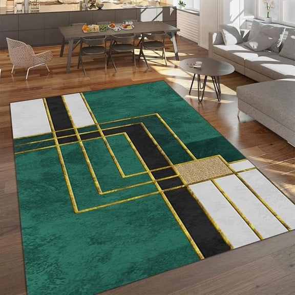 Light Luxury Green Geometry Art Area Rugs, Gold Geometric Line Soft Washable Carpet, Easy Clean Rug For Boys And Girls Nursery Bed Living Room Carpets Decor Rugs 5x7ft